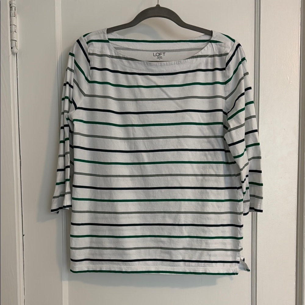 LOFT Outlet White, Green, Gray Striped 3/4 Sleeve 100% Cotton Blouse/Top